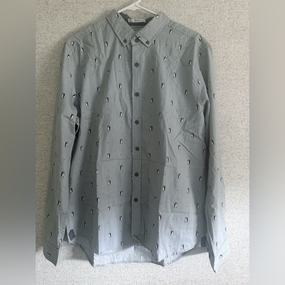 Heritage Report Collection gray penguin print button-down shirt size L